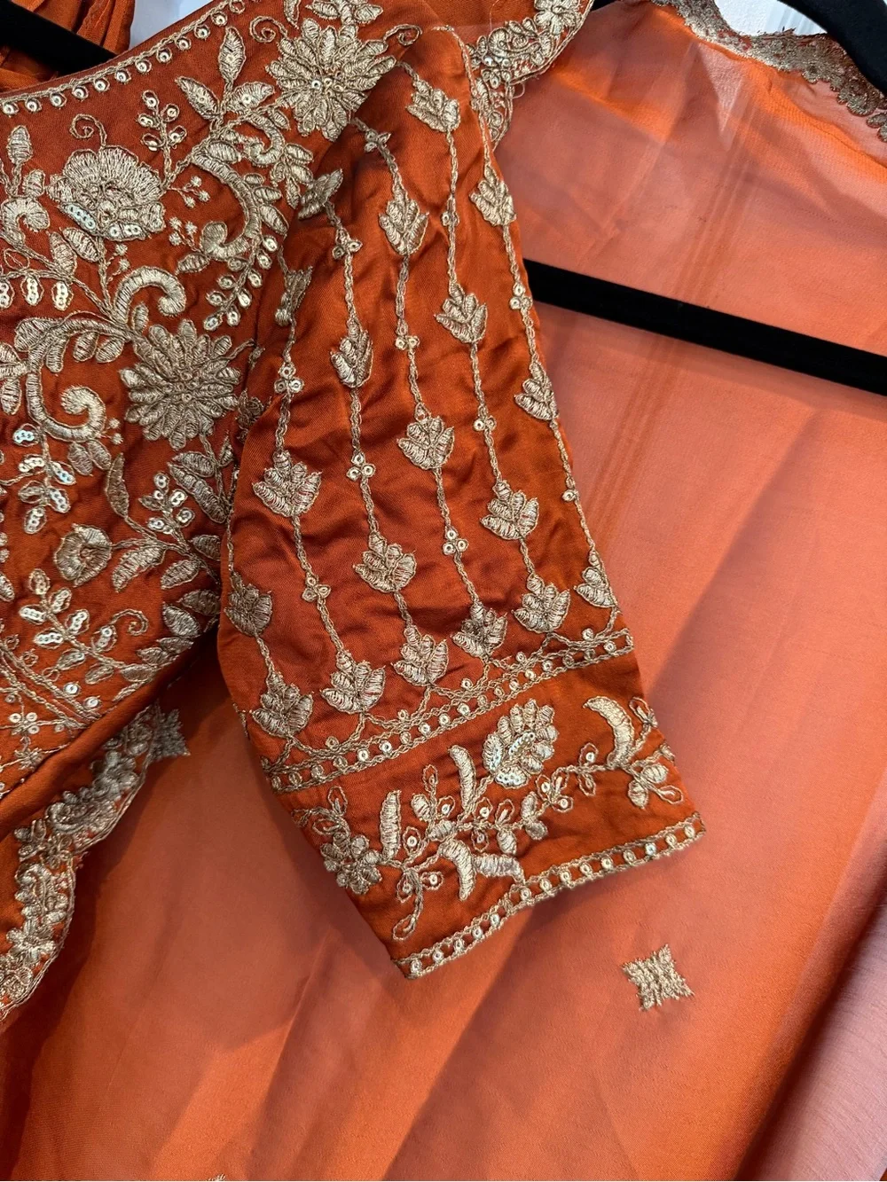 Embroidered burnt orange/rust lengha Set with Matching Blouse and Dupatta